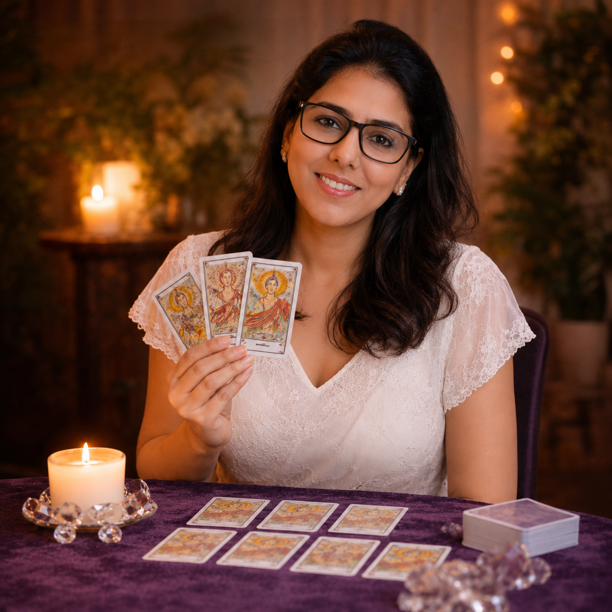 Adi, occult practitioner, numerologist and tarot reader, holding tarot cards