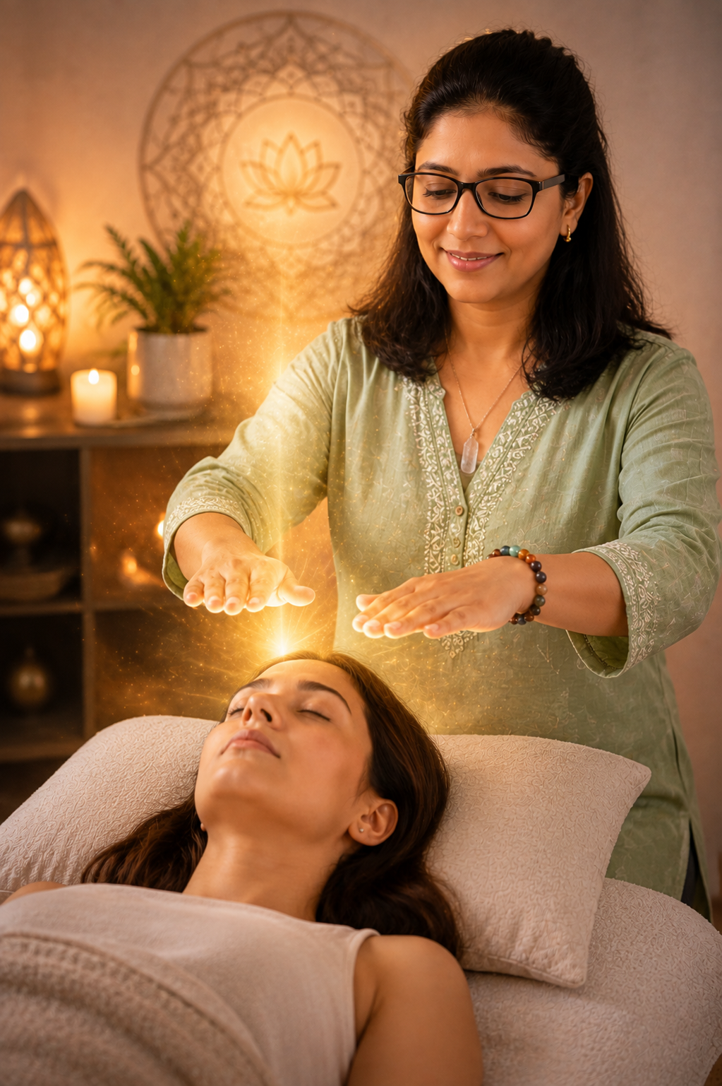 Adi guiding a healing session with her hands above a client's head