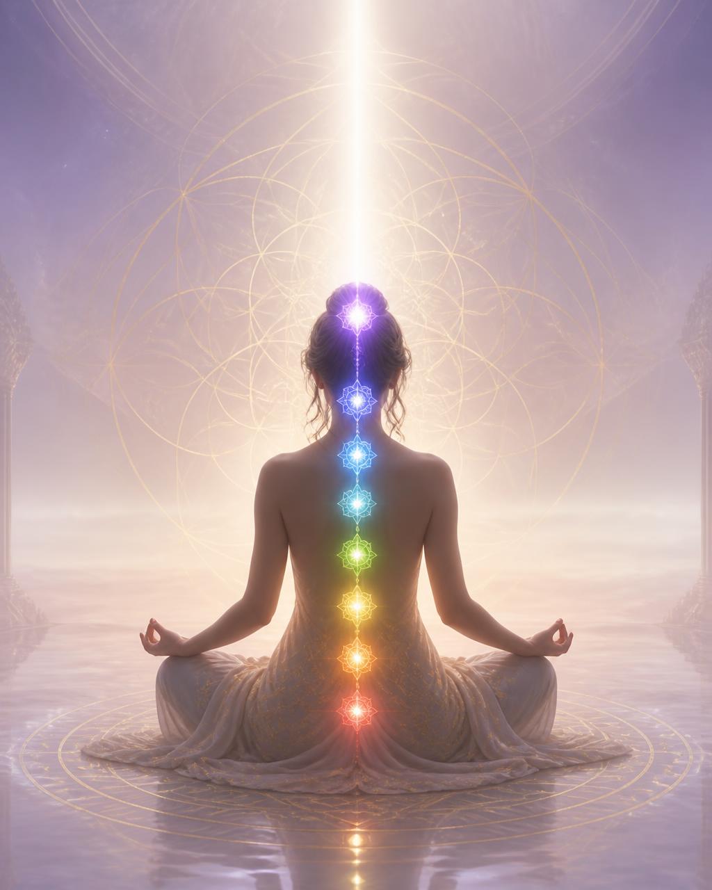 Universal White Light flowing down through the seven glowing chakra centres of a seated woman
