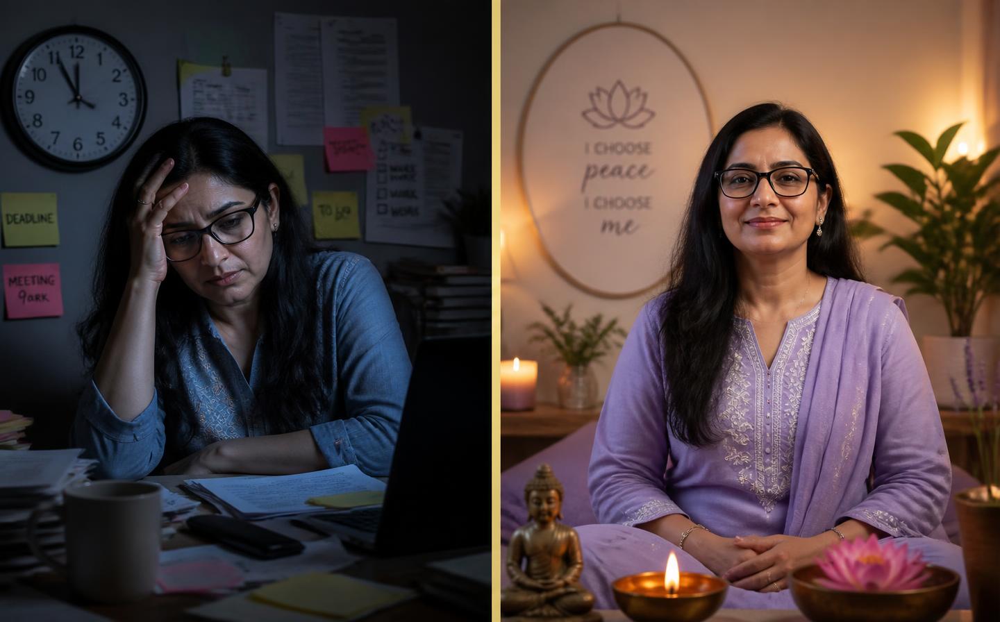 Then and now: overwhelmed at a cluttered desk, and calm in a peaceful meditation space
